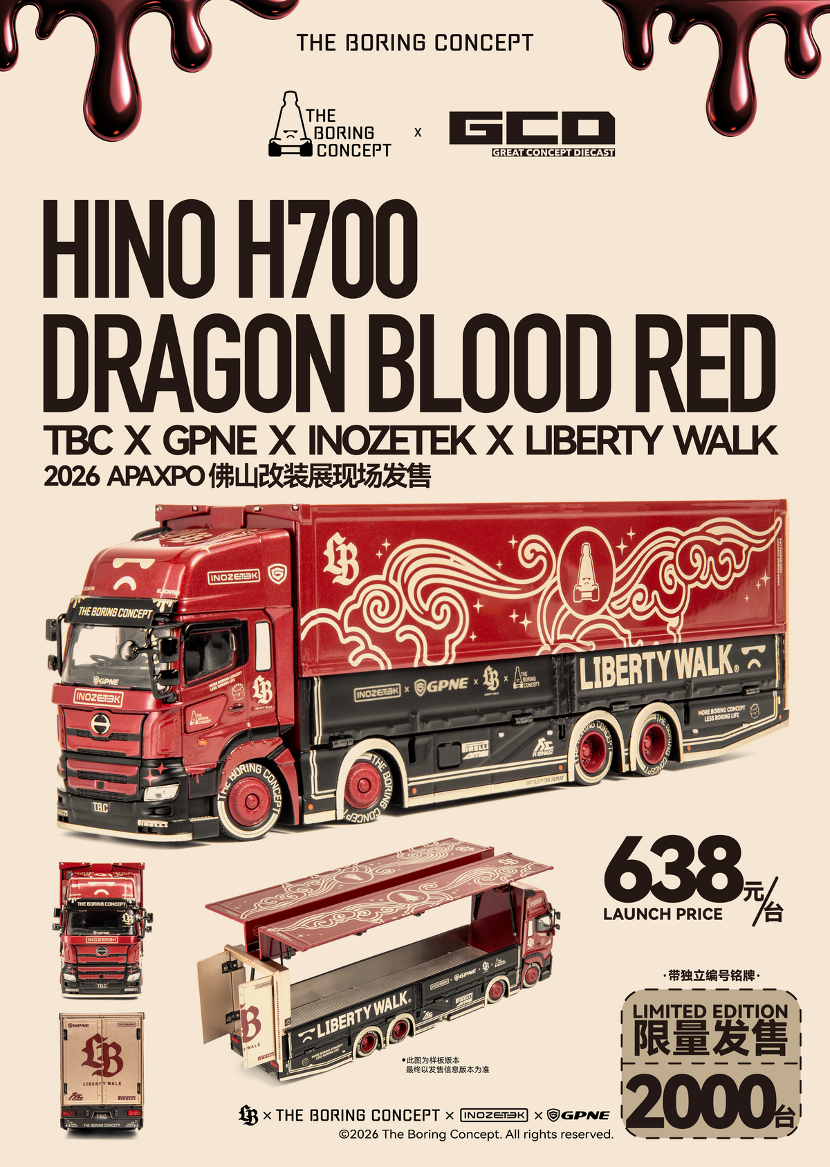 LIBERTY WALK x TBC x GPNE x INOZETEK | DRAGON BLOOD RED - HINO H700 1/64 Model Car